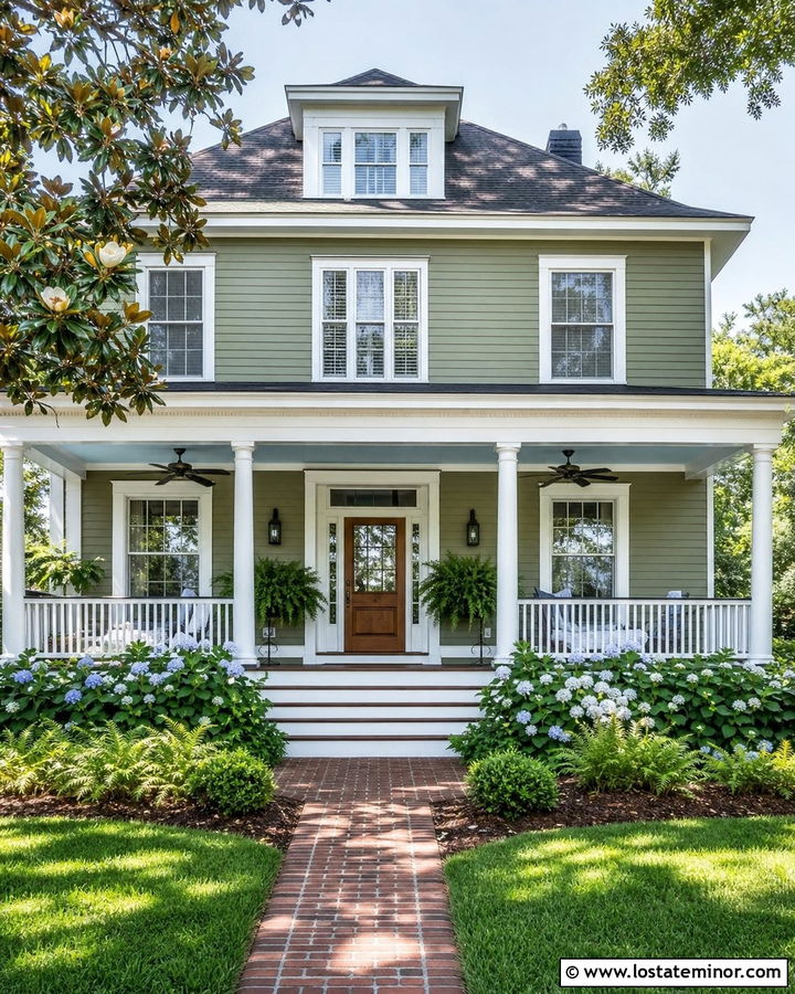Moss Green Southern House With Haint Blue Ceiling - 30 Moss Green House Design With Porch Ceiling Ideas
