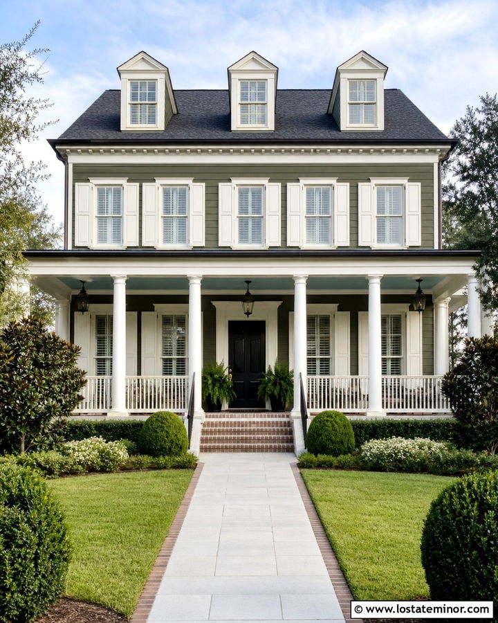 Moss Green Southern House With White Shutters - 30 Moss Green House Design With Shutters Ideas