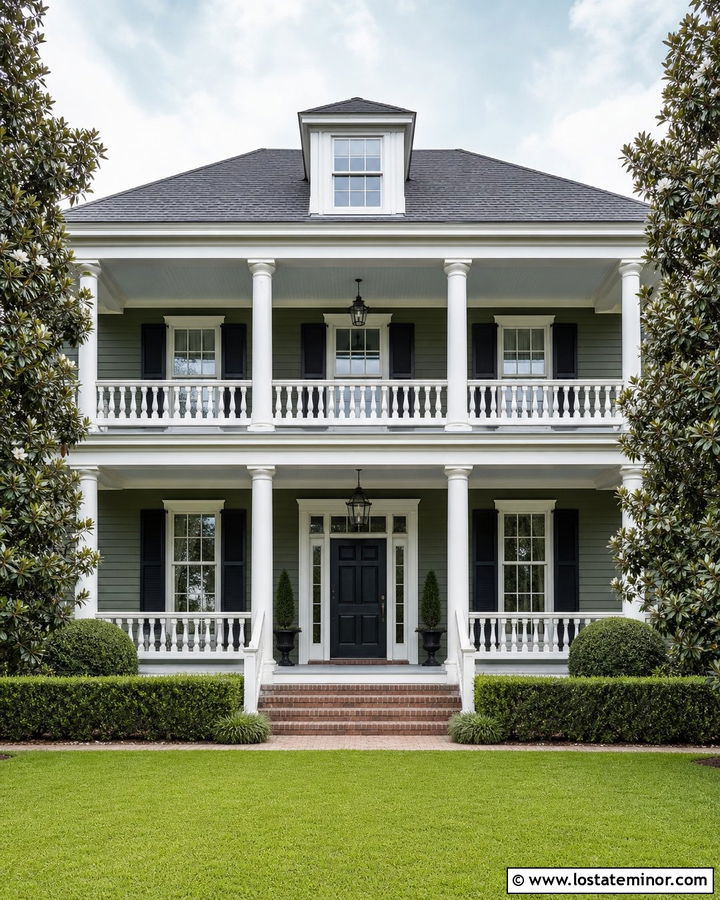 Moss Green Southern House With White Tuscan Columns - 30 Moss Green House Design With Porch Columns Ideas