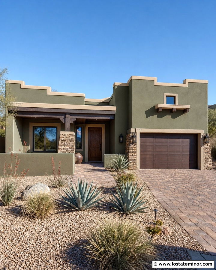 Moss Green Southwest House With Tan Trim - 30 Moss Green House Design With Trim Ideas