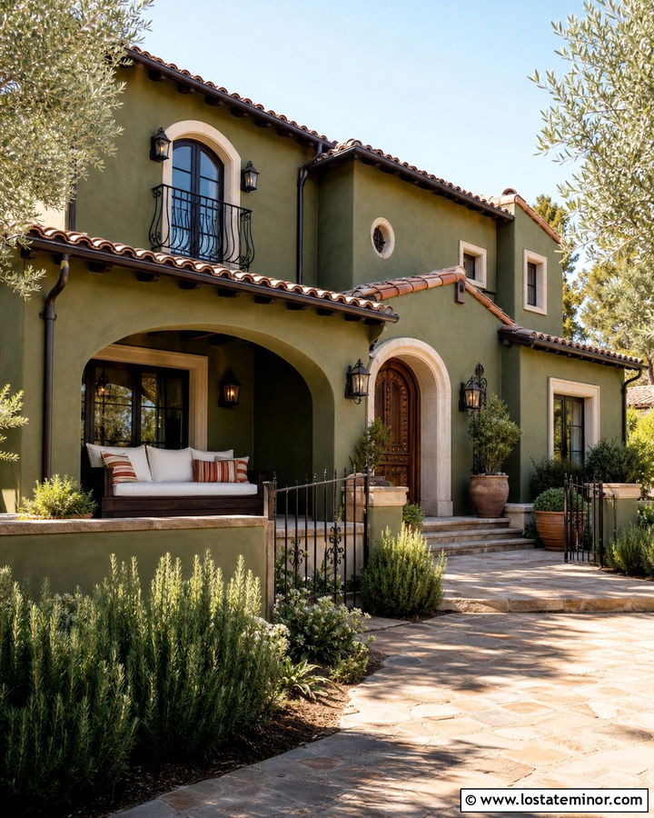 Moss Green Spanish House With Terracotta Daybed Patio - 30 Moss Green House Design With Daybed Ideas