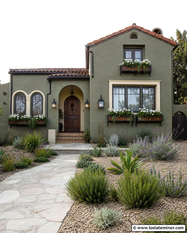 Moss Green Spanish Revival With Terracotta Window Boxes - 30 Moss Green House Design With Window Boxes Ideas
