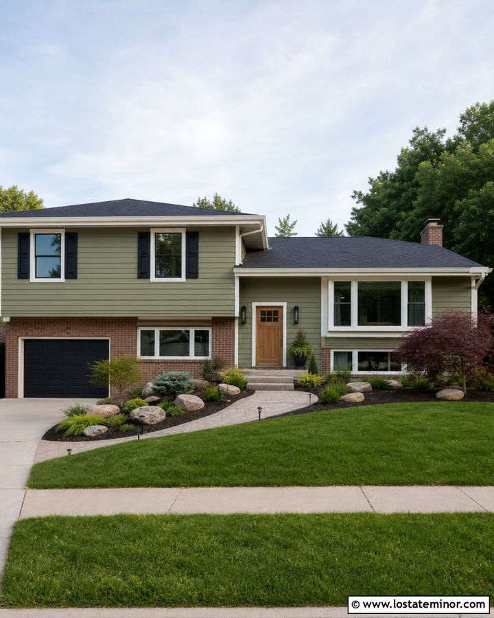 Moss Green Split Level House With Black Shutters - 30 Moss Green House Design With Shutters Ideas