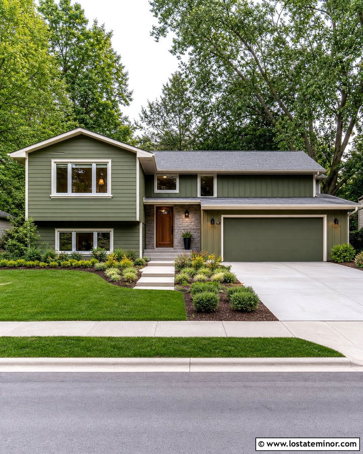 Moss Green Split Level House With Gray Roof - 30 Moss Green House Design With Roof Ideas