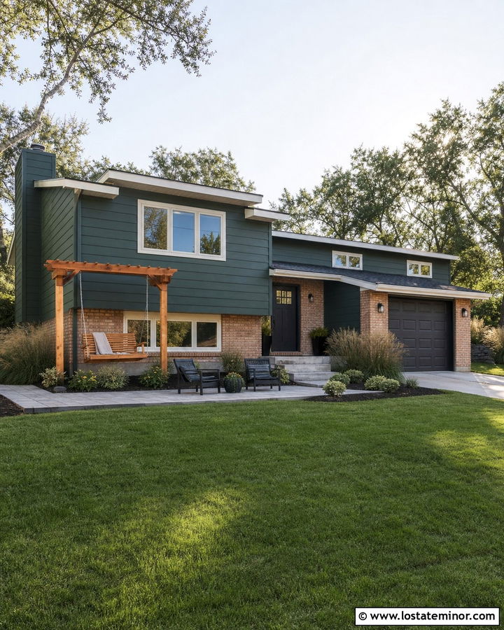 Moss Green Split Level House With Pergola Swing - 30 Moss Green House Design With Swing Ideas