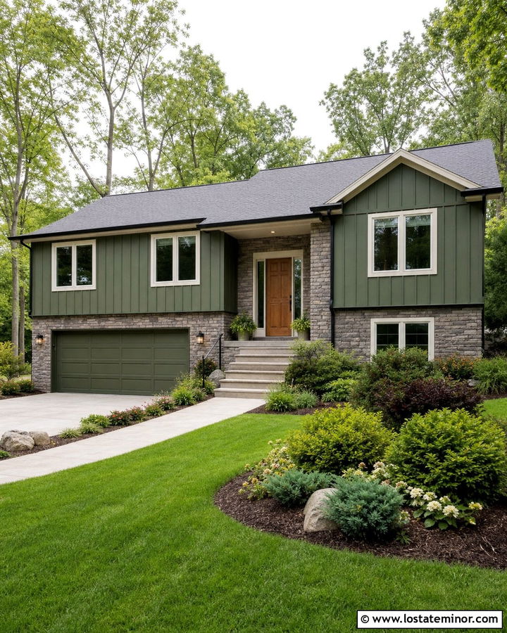 Moss Green Split Level House With Stone Entry - 30 Moss Green House Design With Accents Ideas