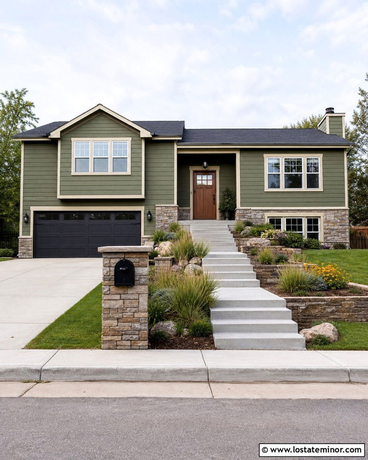 Moss Green Split Level House With Stone Mailbox - 30 Moss Green House Design With Mailbox Ideas