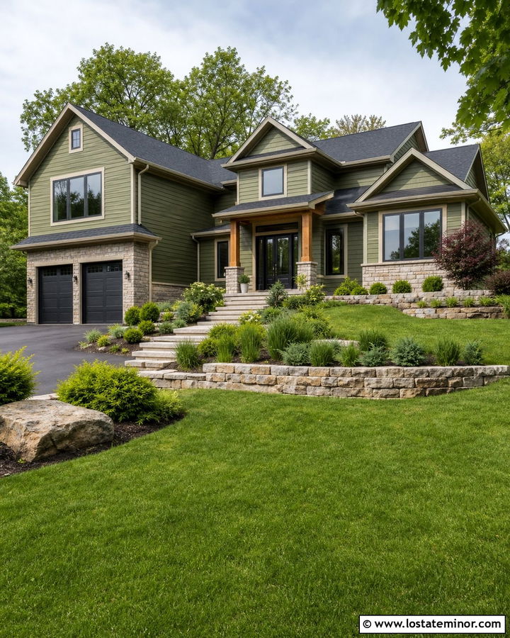 Moss Green Split Level House With Terraced Landscaping - 30 Moss Green House Design With Landscaping Ideas