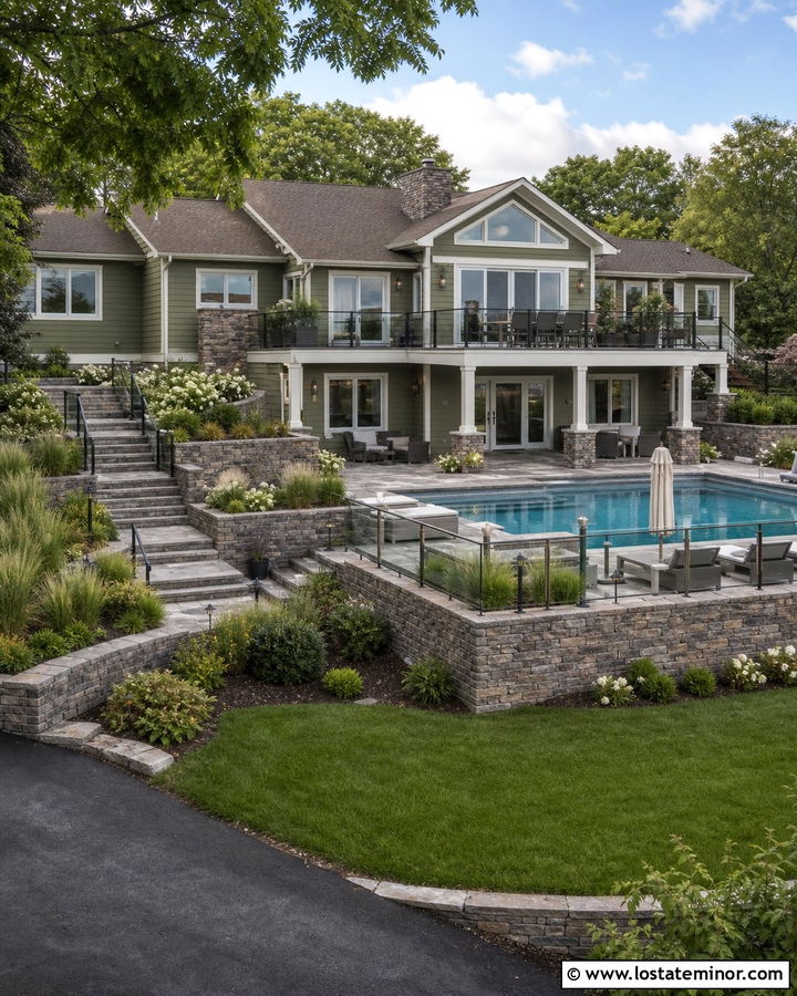 Moss Green Split Level House With Tiered Pool Deck - 30 Moss Green House Design With Swimming Pool Ideas