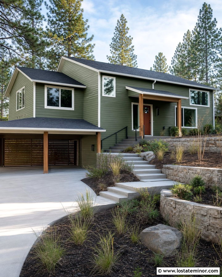 Moss Green Split Level House With Two Car Carport - 30 Moss Green House Design With Carport Ideas