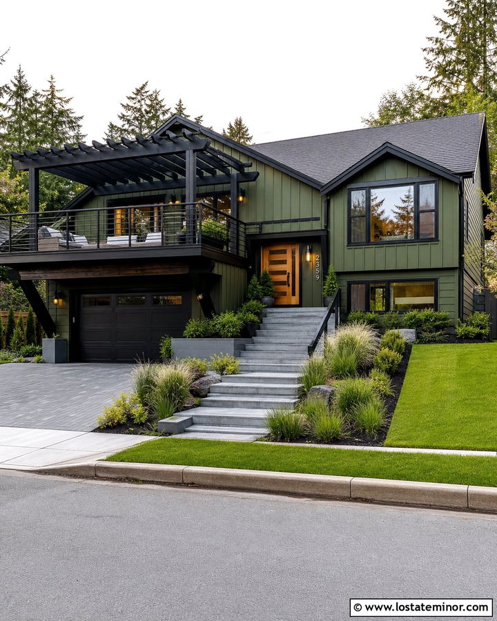 Moss Green Split Level With Black Pergola - 30 Moss Green House Design With Pergola Ideas