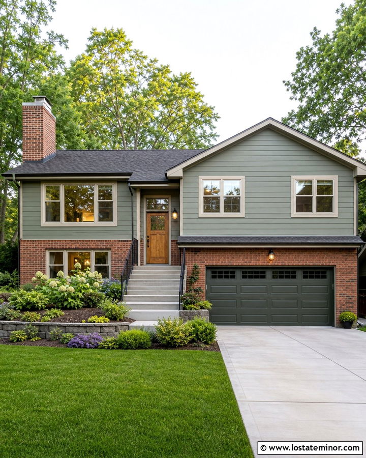 Moss Green Split Level With Brick Chimney - 30 Moss Green House Design With Chimney Ideas