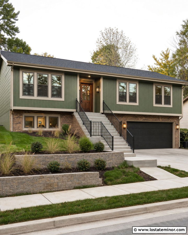 Moss Green Split Level With Bronze Railings - 30 Moss Green House Design With Railings Ideas