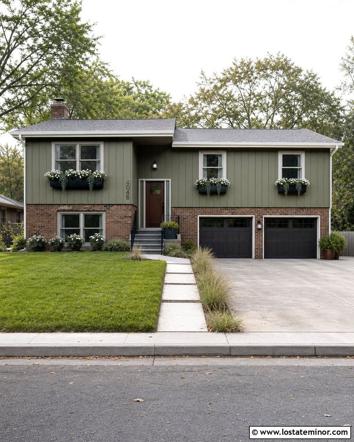 Moss Green Split Level With Charcoal Window Boxes - 30 Moss Green House Design With Window Boxes Ideas