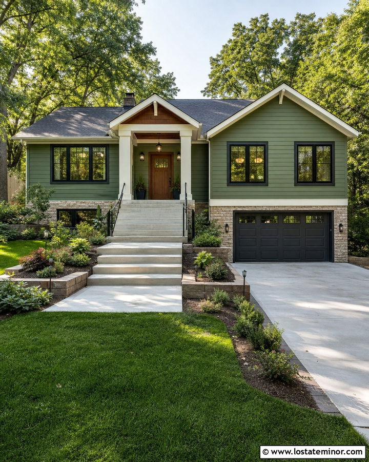 Moss Green Split Level With Chunky Porch Columns - 30 Moss Green House Design With Porch Columns Ideas