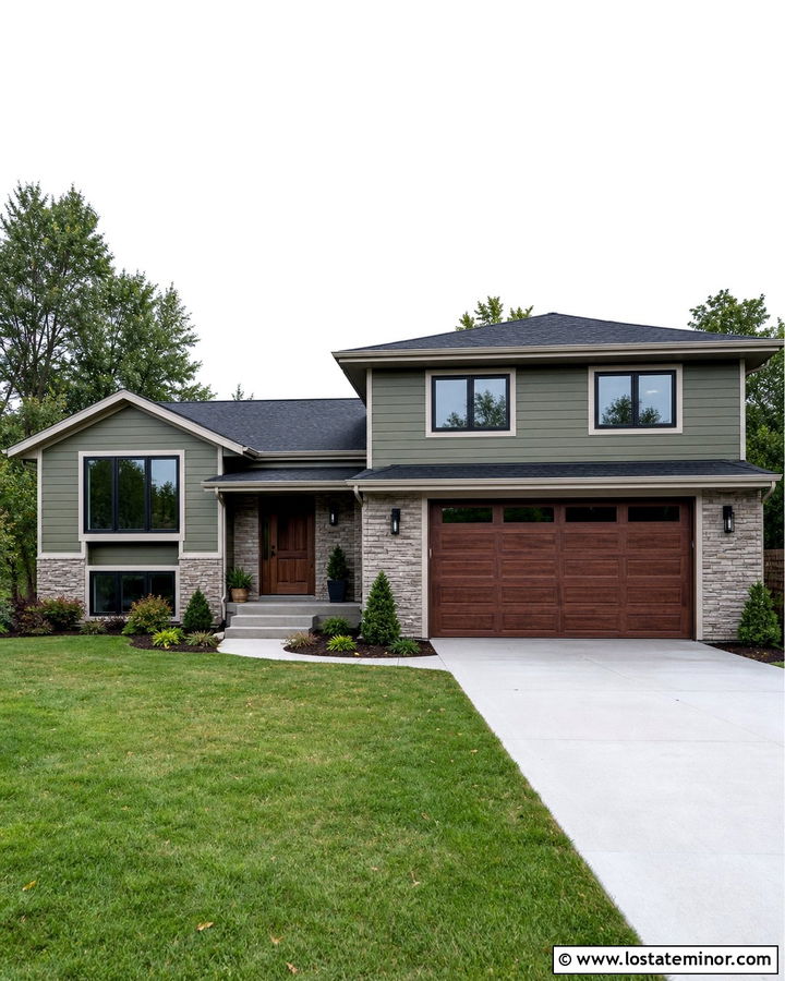 Moss Green Split Level With Gray Ledgestone - 30 Moss Green House Design With Stone Accents Ideas