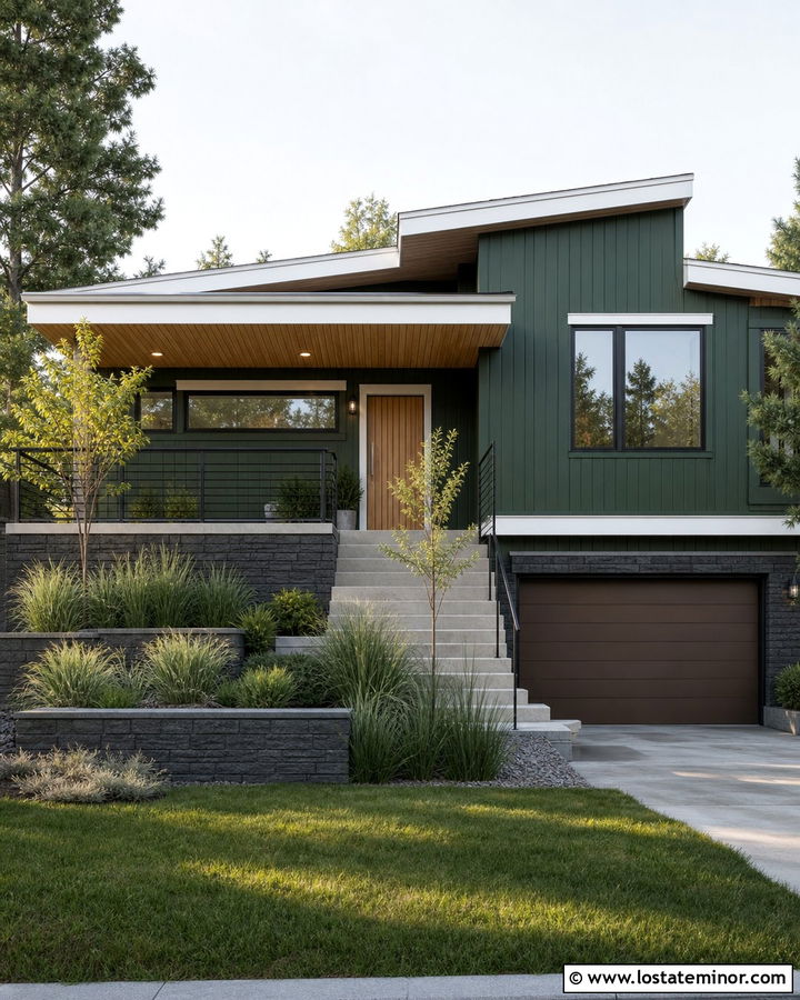 Moss Green Split Level With Light Oak Porch Ceiling - 30 Moss Green House Design With Porch Ceiling Ideas