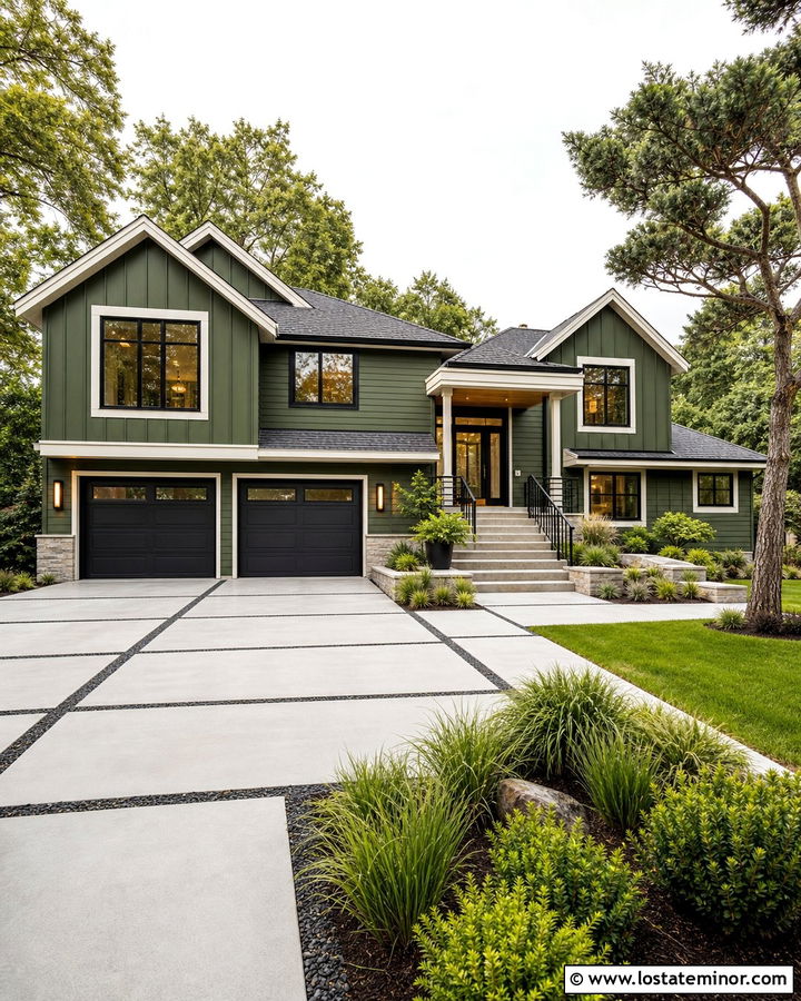 Moss Green Split Level With Modern Concrete Driveway - 30 Moss Green House Design With Driveway Ideas