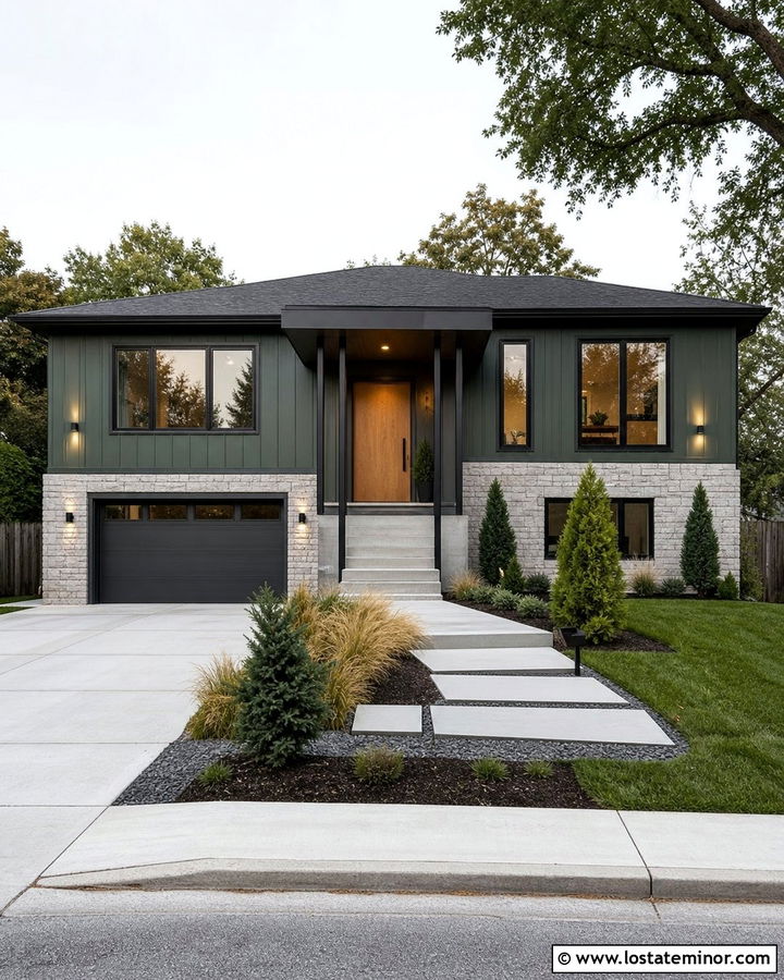 Moss Green Split Level With Modern Portico - 30 Moss Green House Design With Portico Ideas