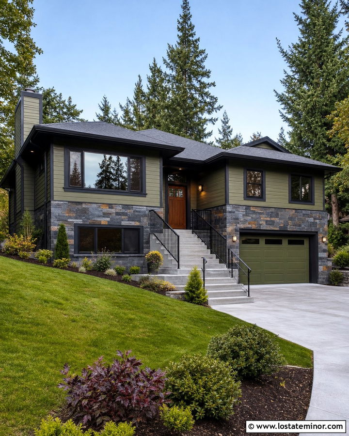 Moss Green Split Level With Slate Wainscoting - 30 Moss Green House Design With Wainscoting Ideas