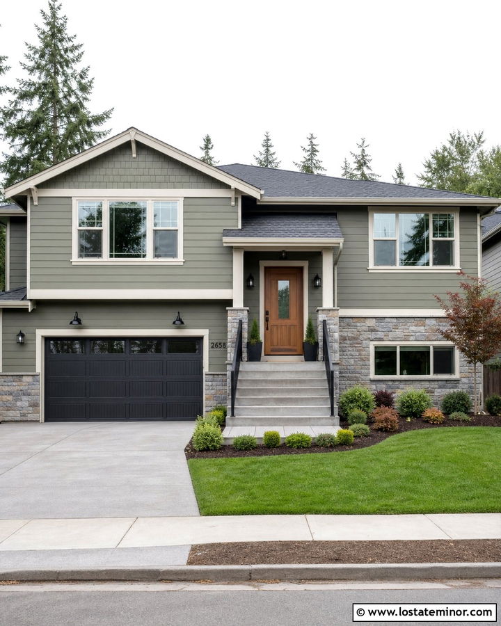 Moss Green Split Level With Stone Accents - 30 Moss Green House Design With Shingles Ideas