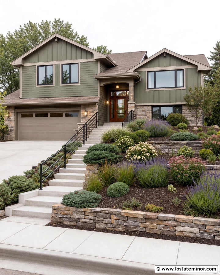 Moss Green Split Level With Terraced Front Yard - 30 Moss Green House Design With Front Yard Ideas