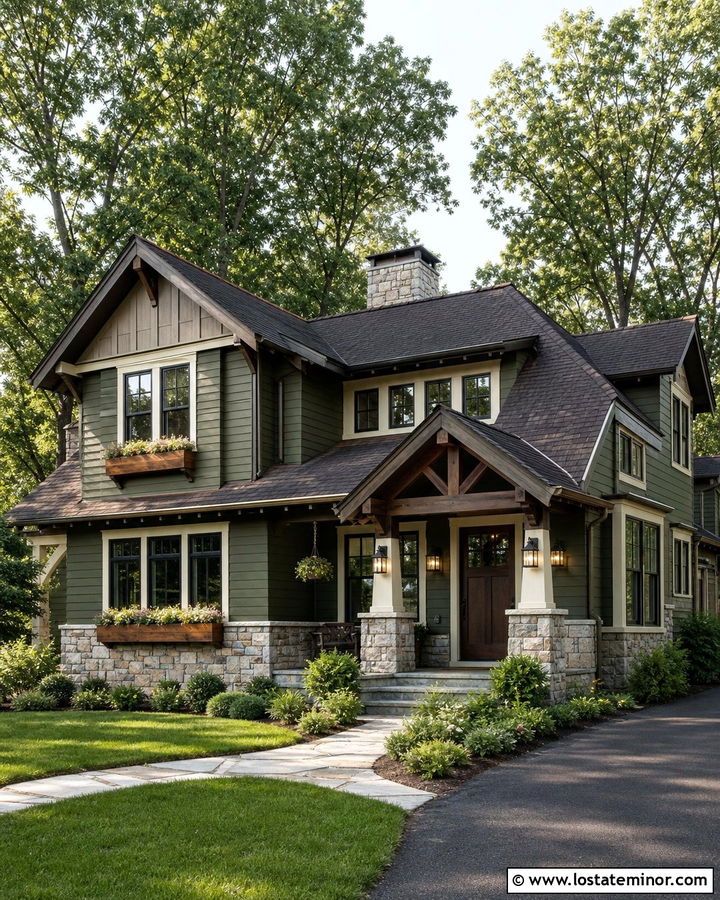 Moss Green Stone Craftsman With Wood Window Boxes - 30 Moss Green House Design With Window Boxes Ideas