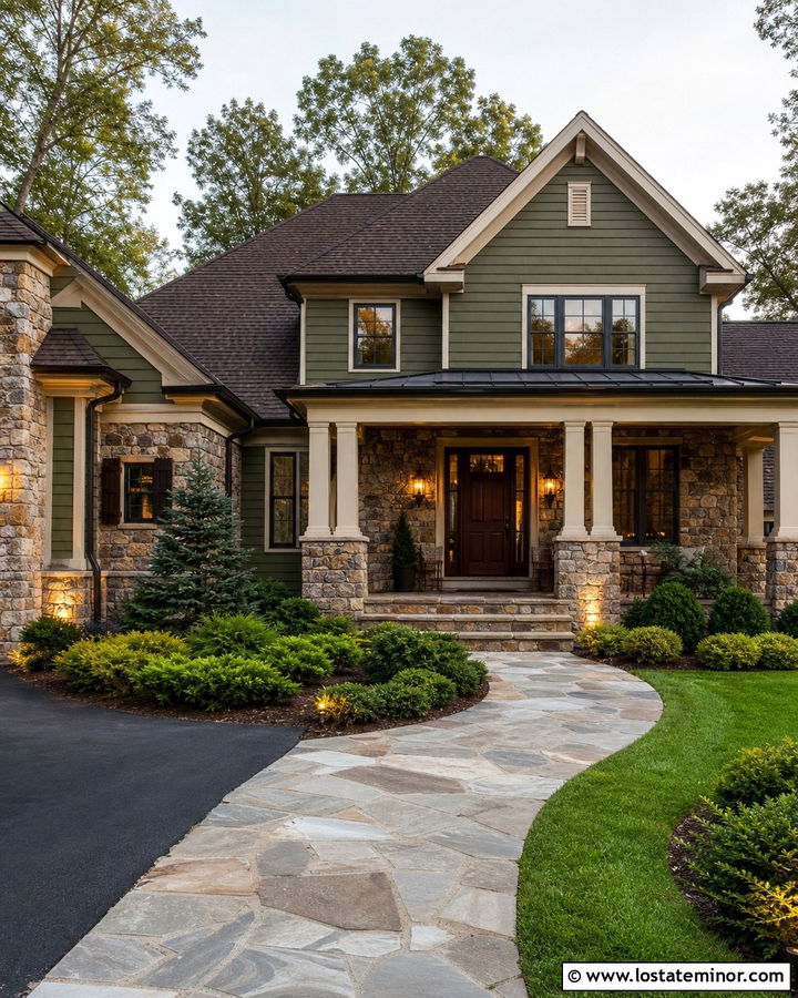 Moss Green Stone House With Brass Uplights - 30 Moss Green House Design With Light Fixtures Ideas