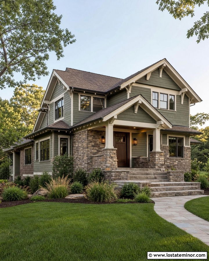 Moss Green Stone House With Recessed Porch Lights - 30 Moss Green House Design With Lighting Ideas