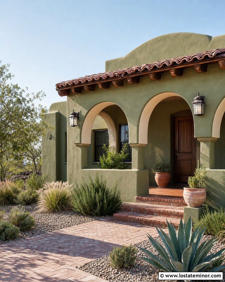 Moss Green Stucco House With Terracotta Front Porch - 30 Moss Green House Design With Front Porch Ideas
