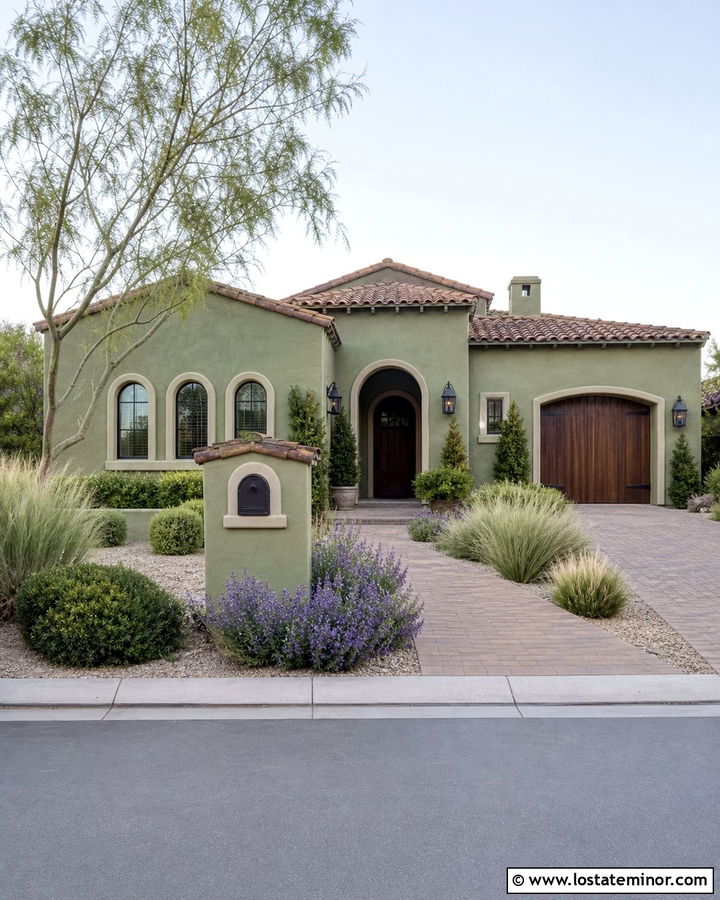 Moss Green Stucco House With Terracotta Mailbox - 30 Moss Green House Design With Mailbox Ideas
