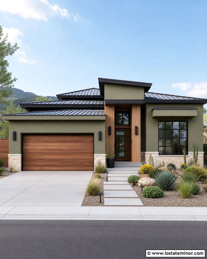 Moss Green Stucco House With Wood And Black Accents - 30 Moss Green House Design With Accents Ideas