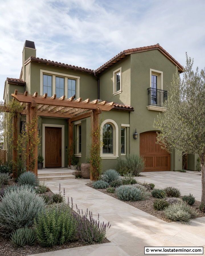 Moss Green Stucco House With Wood Pergola - 30 Moss Green House Design With Pergola Ideas