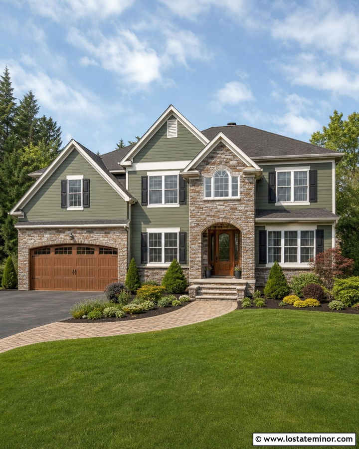 Moss Green Suburban House With Mixed Stone - 30 Moss Green House Design With Stone Accents Ideas