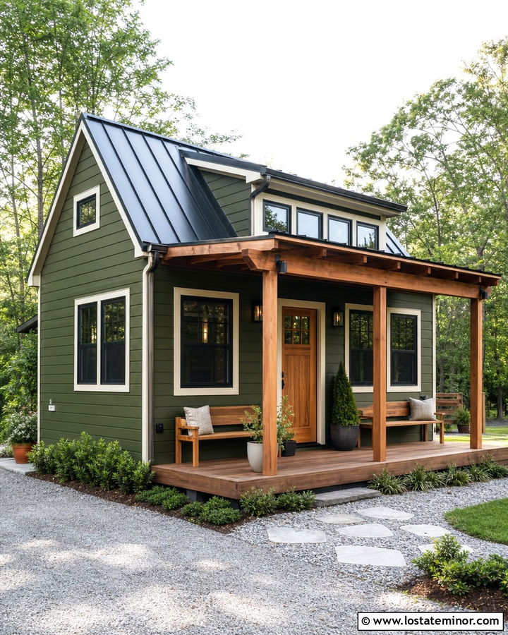 Moss Green Tiny House With Compact Pergola - 30 Moss Green House Design With Pergola Ideas