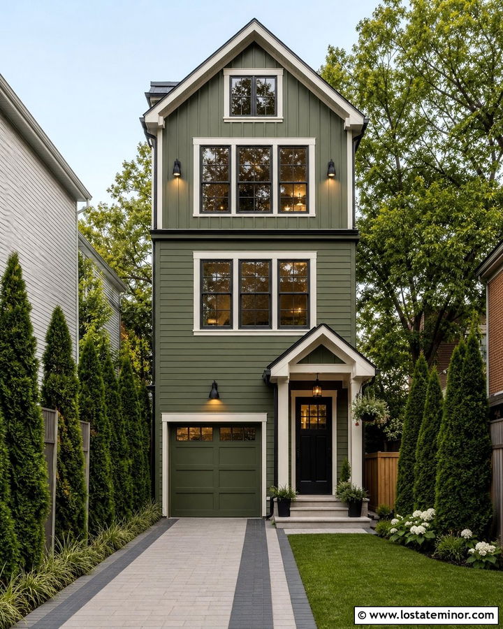 Moss Green Townhouse With Narrow Driveway - 30 Moss Green House Design With Driveway Ideas