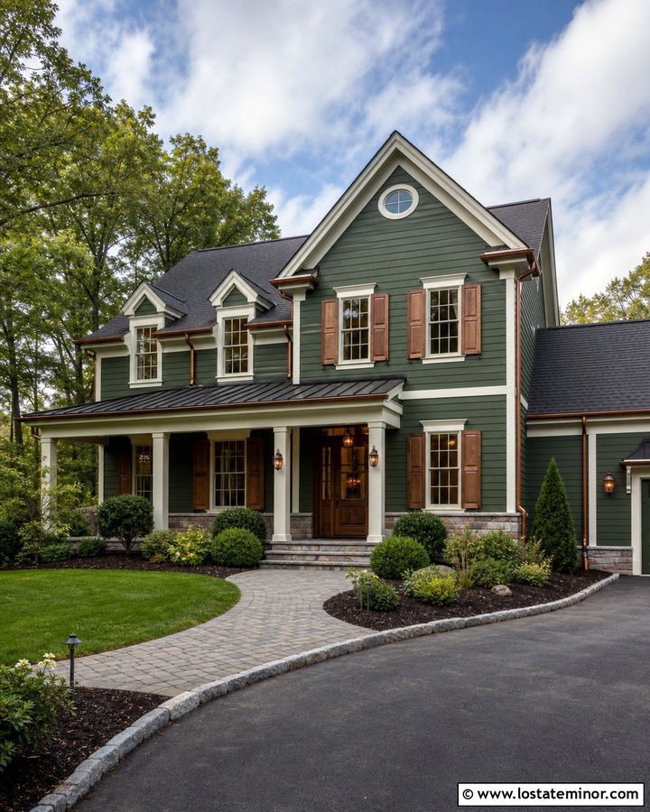 Moss Green Traditional House With Copper Shutters - 30 Moss Green House Design With Shutters Ideas