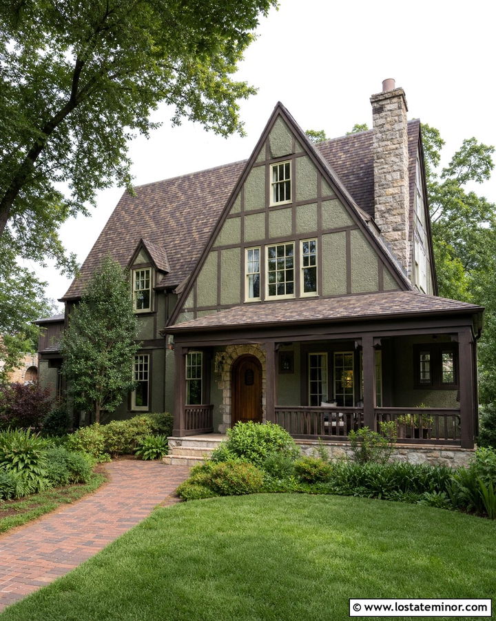 Moss Green Tudor House With Brown Railings - 30 Moss Green House Design With Railings Ideas