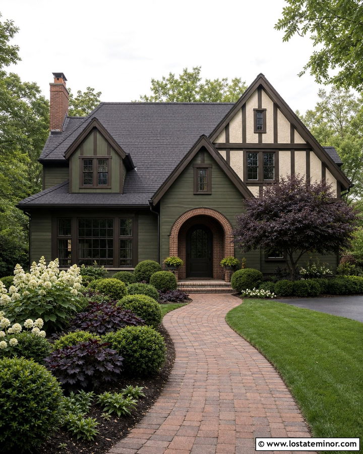 Moss Green Tudor House With Burgundy Landscaping - 30 Moss Green House Design With Landscaping Ideas