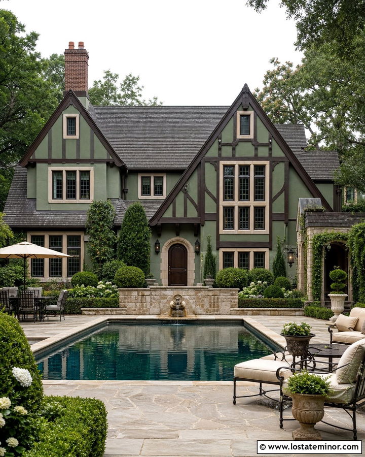 Moss Green Tudor House With Courtyard Pool - 30 Moss Green House Design With Swimming Pool Ideas
