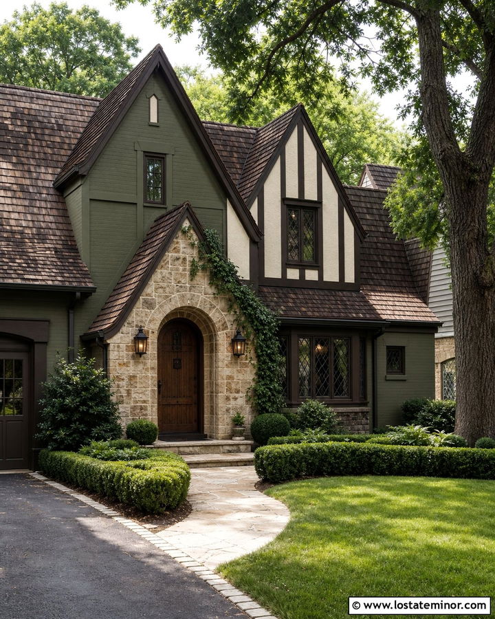 Moss Green Tudor House With Cream And Brown Accents - 30 Moss Green House Design With Accents Ideas