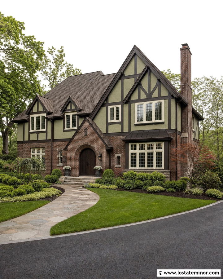 Moss Green Tudor House With Dark Brick - 30 Moss Green House Design With Brick Accents Ideas