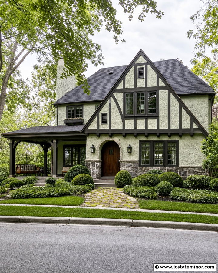Moss Green Tudor House With Dark Wood Swing - 30 Moss Green House Design With Swing Ideas