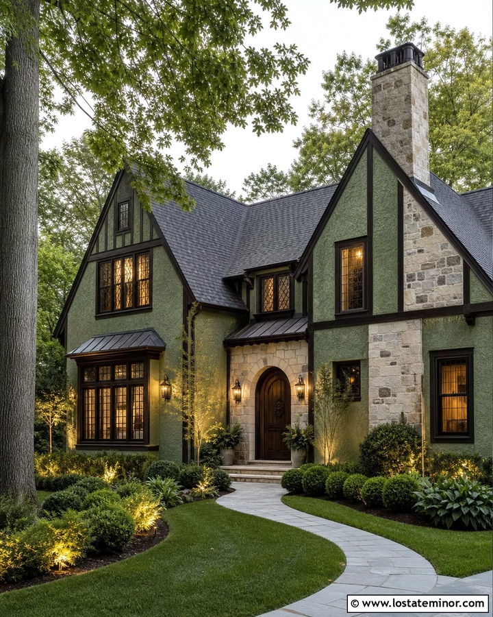 Moss Green Tudor House With Leaded Glass Lanterns - 30 Moss Green House Design With Lighting Ideas