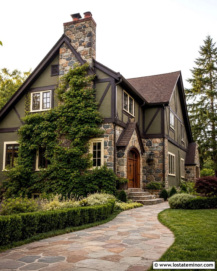 Moss Green Tudor House With Rustic Stone - 30 Moss Green House Design With Stone Accents Ideas