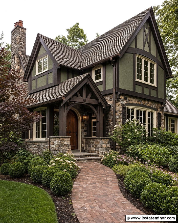 Moss Green Tudor House With Timber Front Porch - 30 Moss Green House Design With Front Porch Ideas