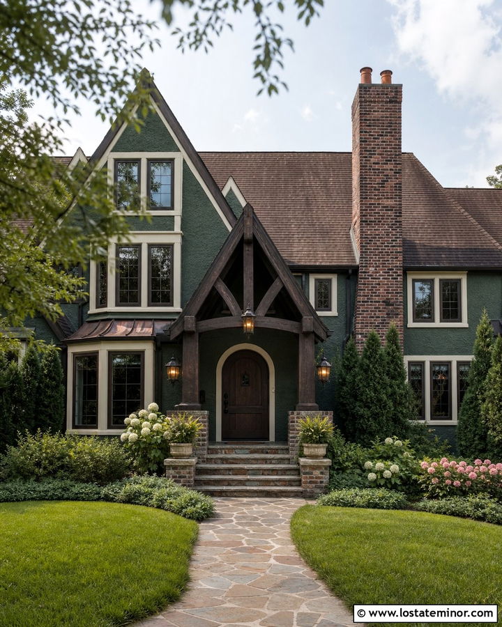 Moss Green Tudor House With Timber Portico - 30 Moss Green House Design With Portico Ideas