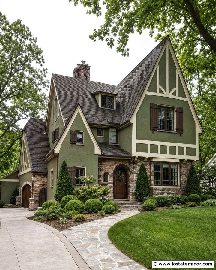Moss Green Tudor House With Wood Shutters - 30 Moss Green House Design With Shutters Ideas