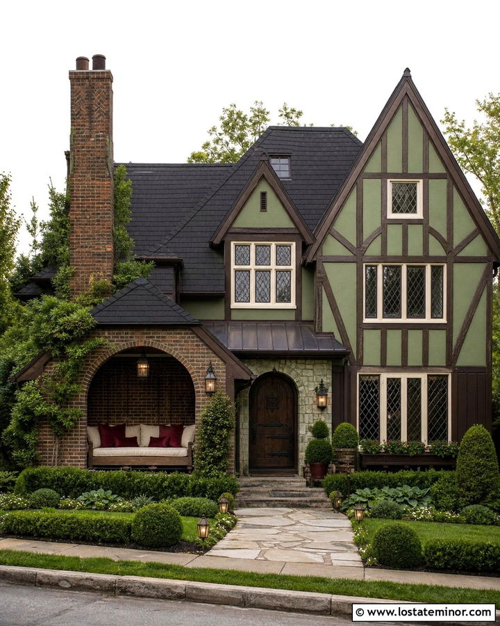 Moss Green Tudor With Brick Porch Daybed - 30 Moss Green House Design With Daybed Ideas