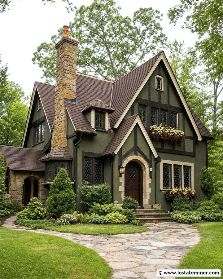 Moss Green Tudor With Dark Bronze Window Boxes - 30 Moss Green House Design With Window Boxes Ideas